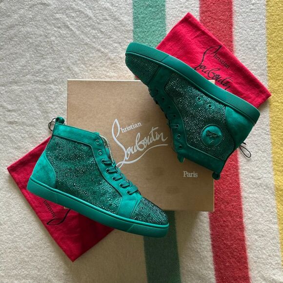 Christian Louboutin Green Velour Studded Crystal Suede Sneakers Size 43/US10 - Picture 1 of 9